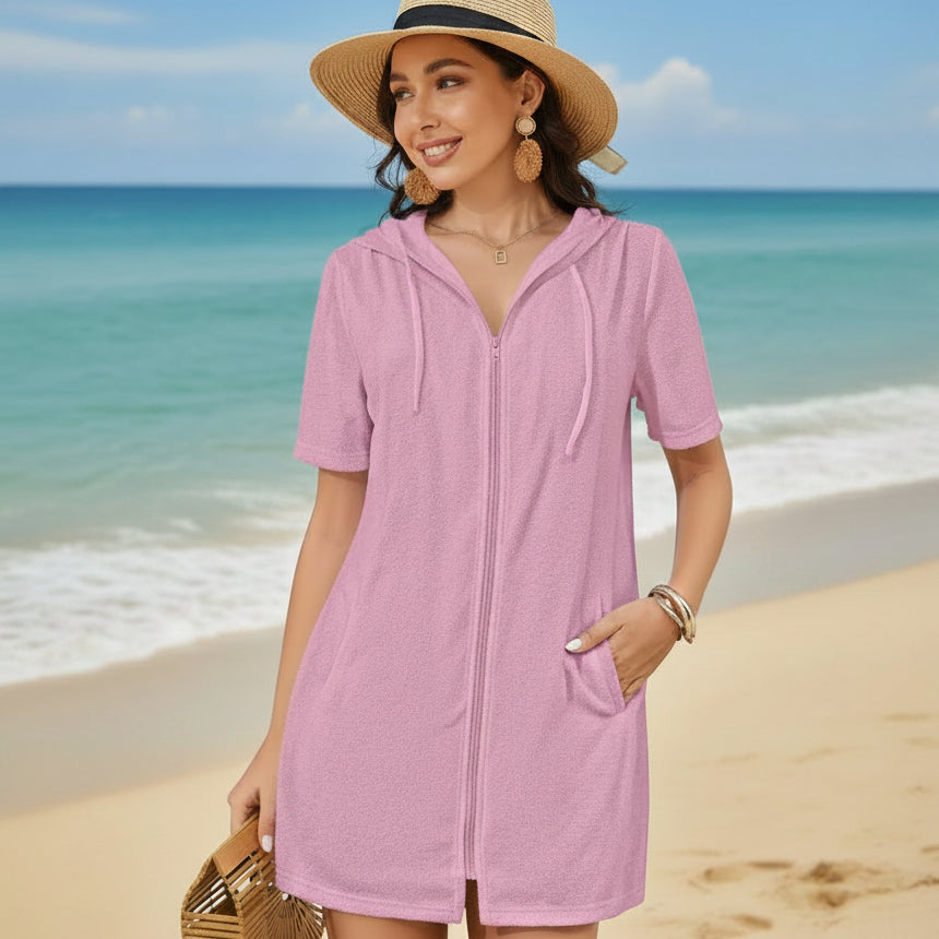 Hooded Terry Cloth Women's Swim Cover Up with Pockets - Stylish Beach & Swimsuit Cover Up 0