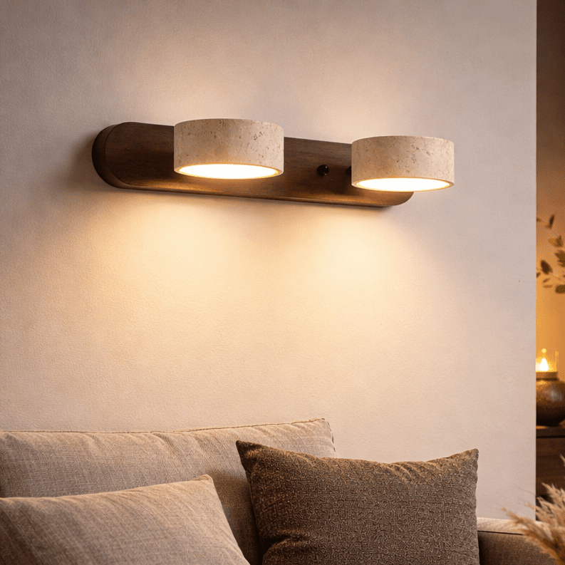 Indoor LED Wall Light - Natural Travertine & Wood Wall Sconce with Integrated Lighting 0