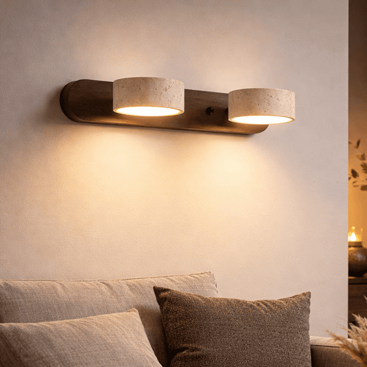 Indoor LED Wall Light - Natural Travertine & Wood Wall Sconce with Integrated Lighting 0
