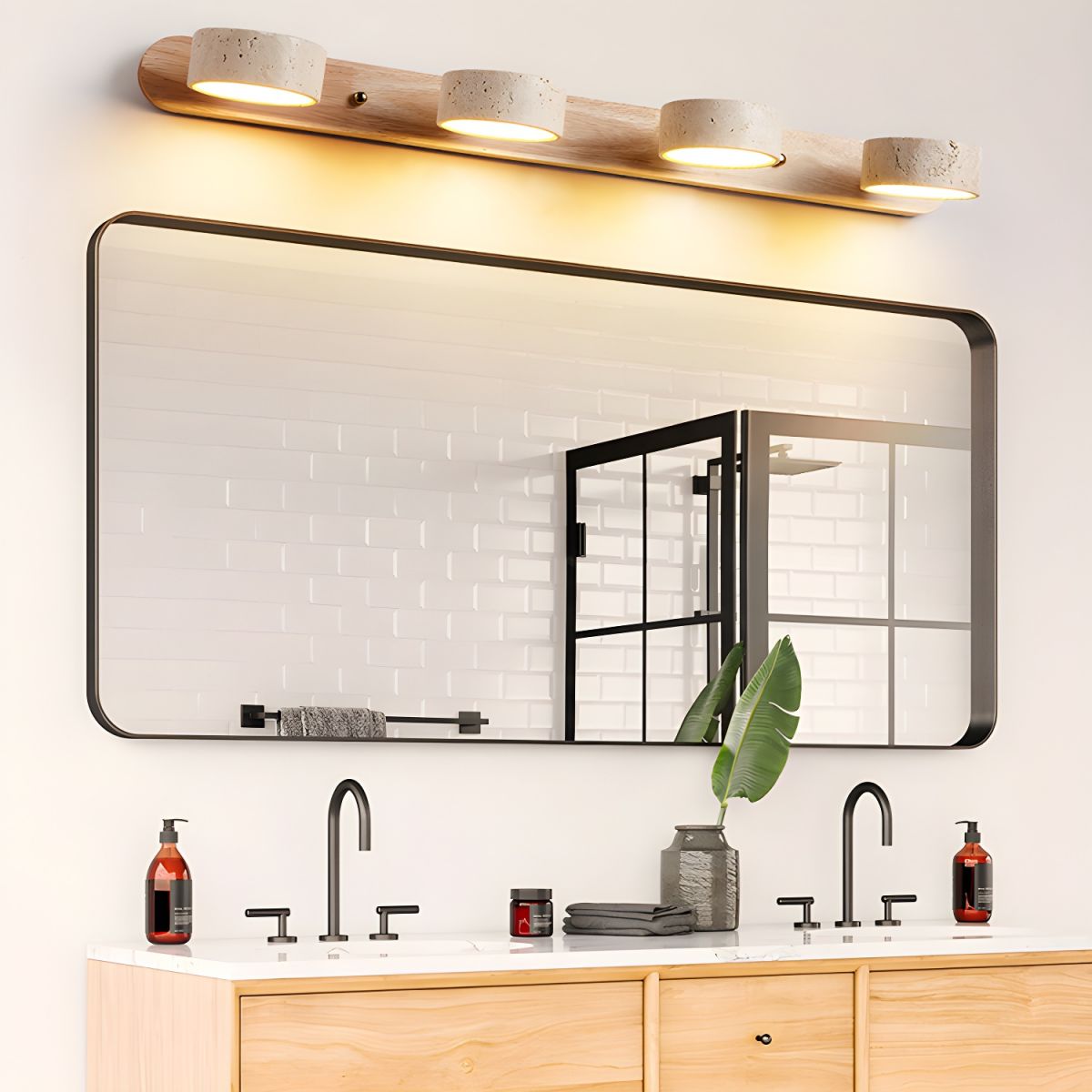 Indoor LED Wall Light - Natural Travertine & Wood Wall Sconce with Integrated Lighting 5