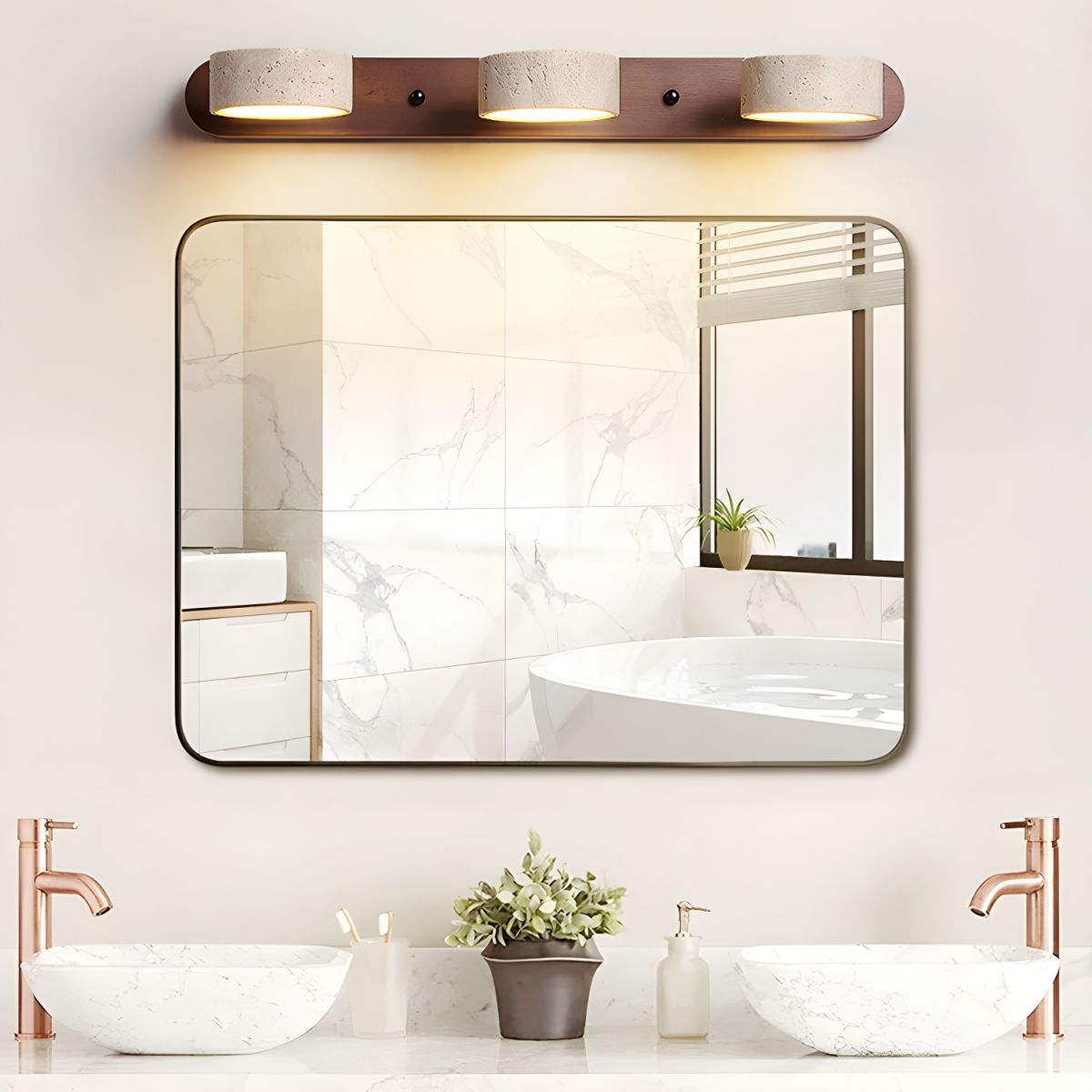 Indoor LED Wall Light - Natural Travertine & Wood Wall Sconce with Integrated Lighting 6
