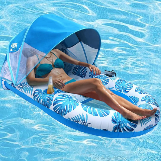 Inflatable Pool Float Lounger for Adults with Sunshade Canopy & Cup Holder 0