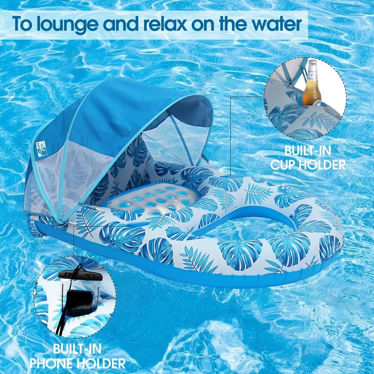 Inflatable Pool Float Lounger for Adults with Sunshade Canopy & Cup Holder 3