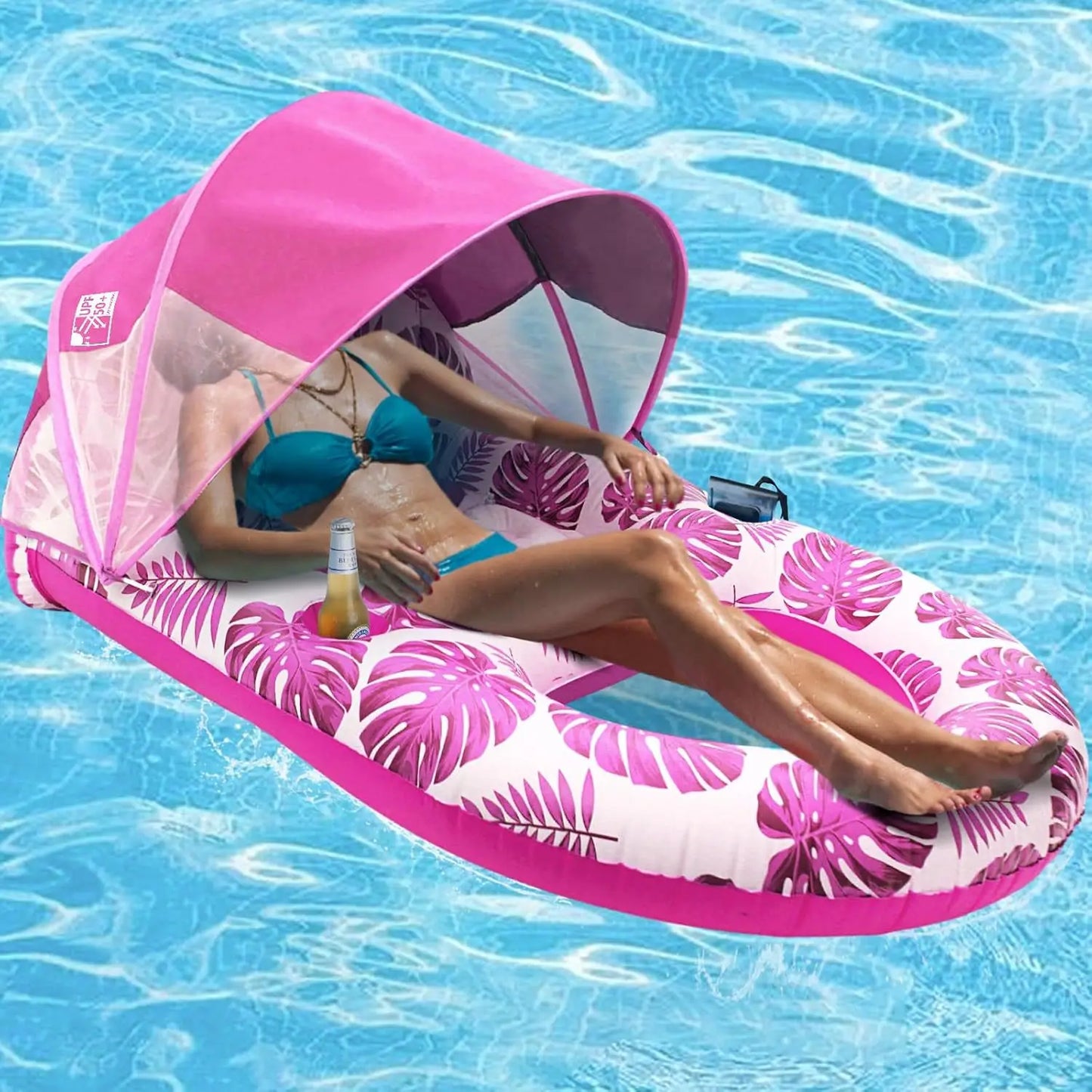 Inflatable Pool Float Lounger for Adults with Sunshade Canopy & Cup Holder 6