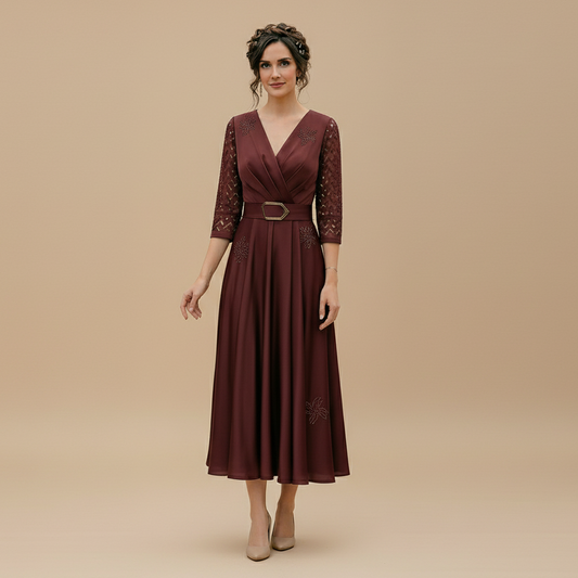 ELEGANZA – Women's V-Neck Midi Dress Chic Cocktail & Evening Wear