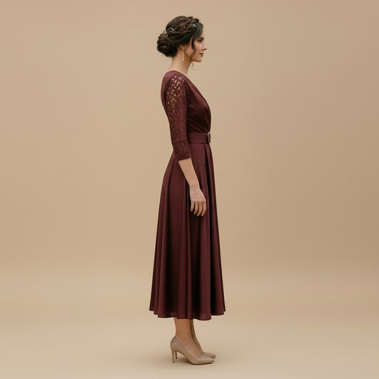 ELEGANZA – Women's V-Neck Midi Dress Chic Cocktail & Evening Wear