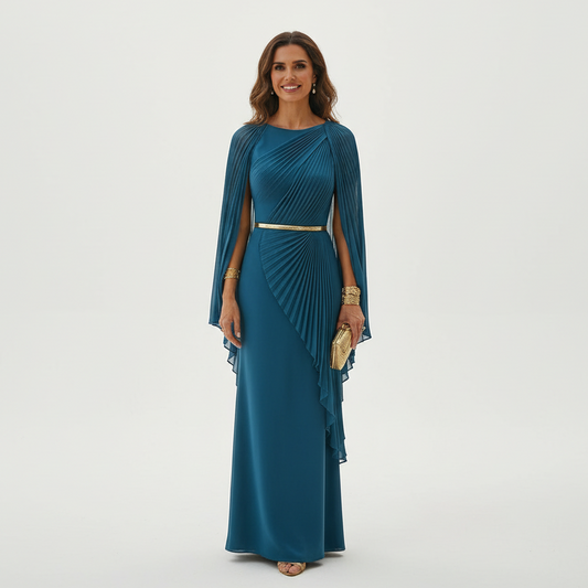 GRACEDESIGN – Pleated Cape Overlay Maxi Dress for Formal Events