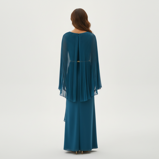 GRACEDESIGN – Pleated Cape Overlay Maxi Dress for Formal Events
