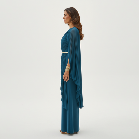 GRACEDESIGN – Pleated Cape Overlay Maxi Dress for Formal Events