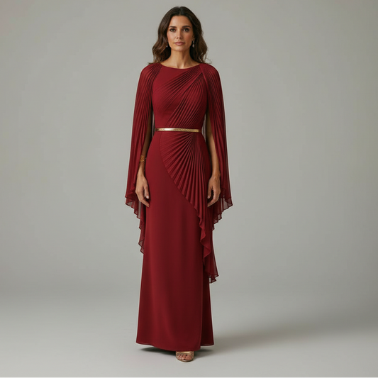 GRACEDESIGN – Pleated Cape Overlay Maxi Dress for Formal Events