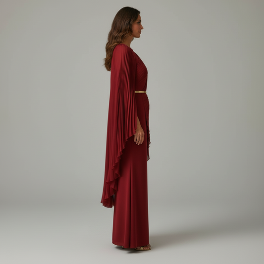 GRACEDESIGN – Pleated Cape Overlay Maxi Dress for Formal Events
