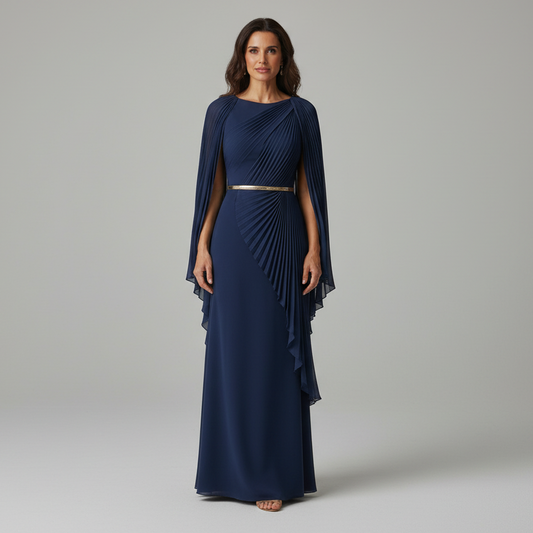 GRACEDESIGN – Pleated Cape Overlay Maxi Dress for Formal Events