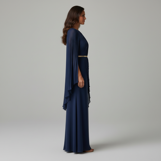 GRACEDESIGN – Pleated Cape Overlay Maxi Dress for Formal Events