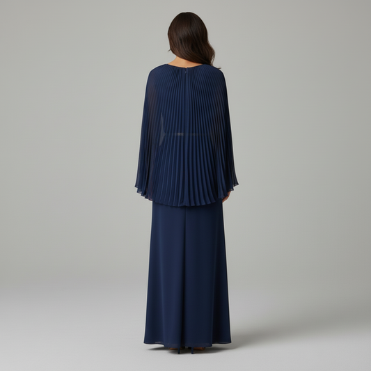 GRACEDESIGN – Pleated Cape Overlay Maxi Dress for Formal Events
