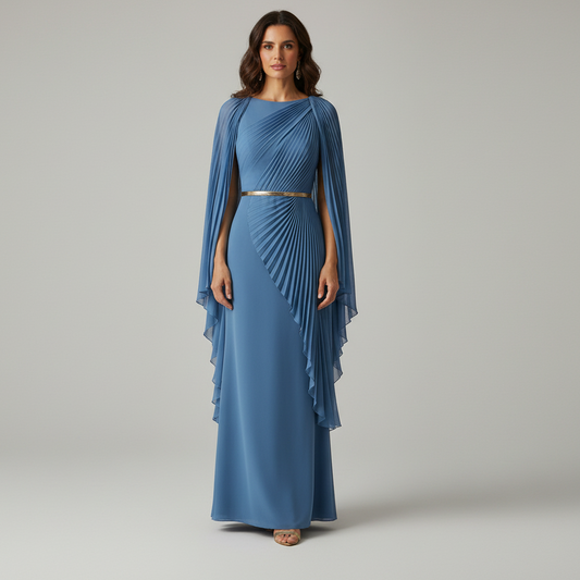 GRACEDESIGN – Pleated Cape Overlay Maxi Dress for Formal Events