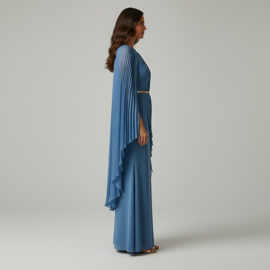 GRACEDESIGN – Pleated Cape Overlay Maxi Dress for Formal Events