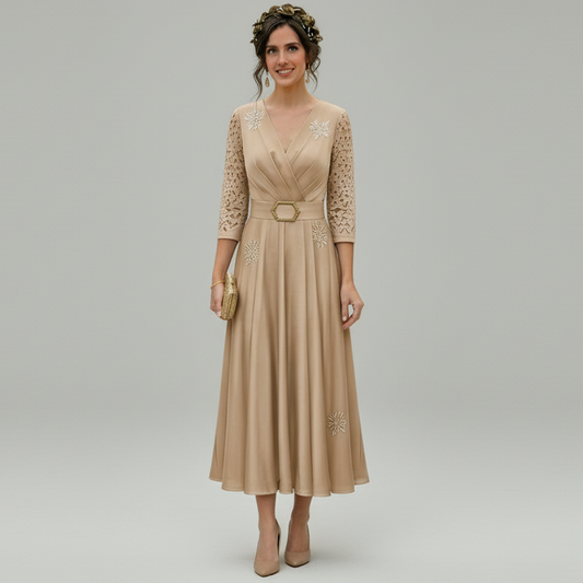 ELEGANZA – Women's V-Neck Midi Dress Chic Cocktail & Evening Wear