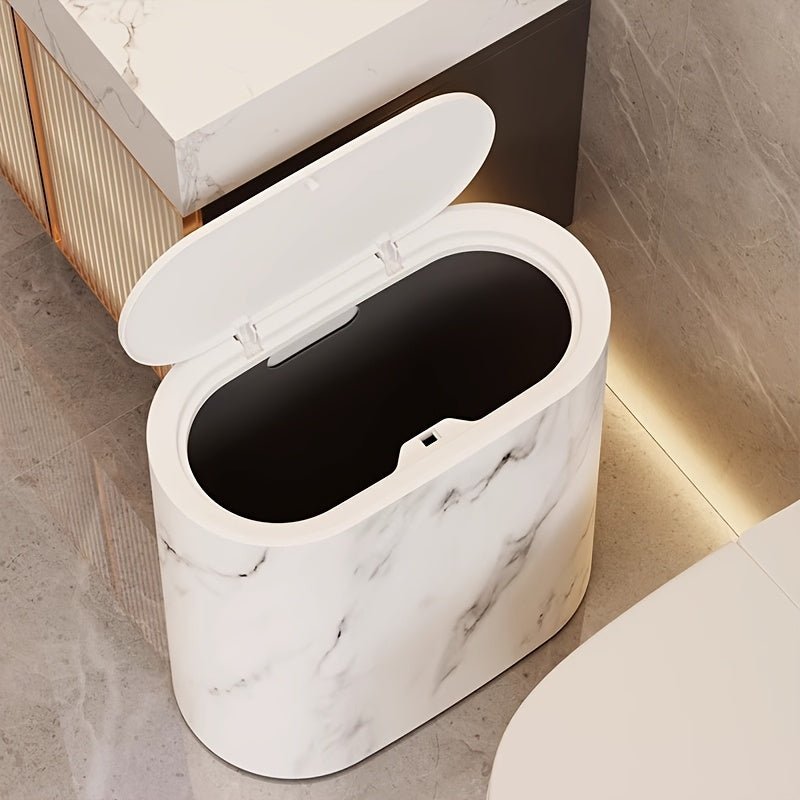 Marble-Look Oval Waste Bin - Stylish Compact Trash Can for Modern Interiors 1