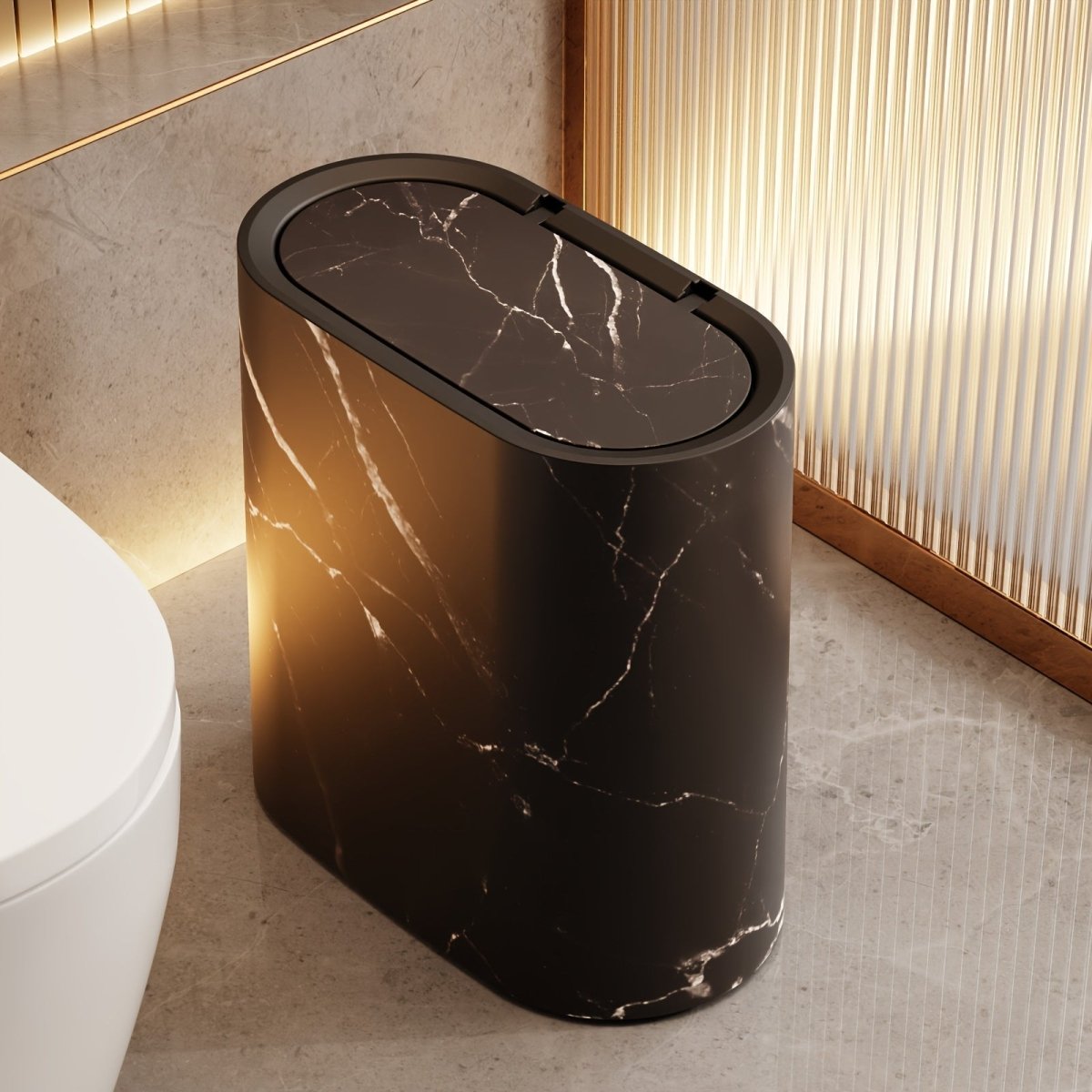 Marble-Look Oval Waste Bin - Stylish Compact Trash Can for Modern Interiors 5