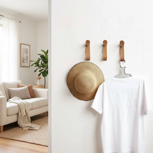 Natural Leather & Wood Wall Hook - No-Drill Coat Hooks for Wall Organizer 0