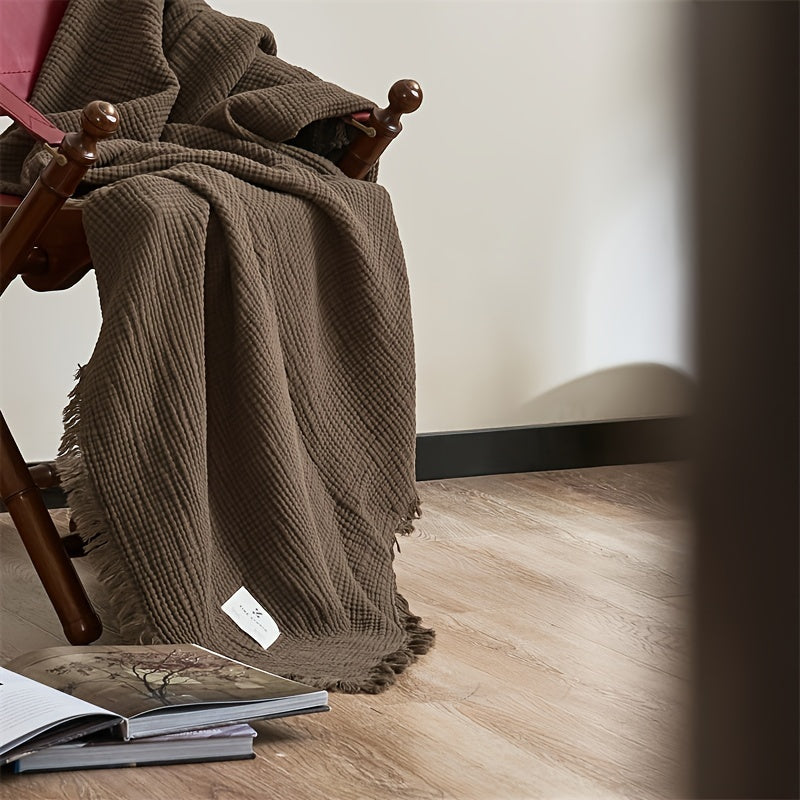 OliveBreeze - Lightweight 4-Layer Cotton Gauze Blanket with Fringe 2
