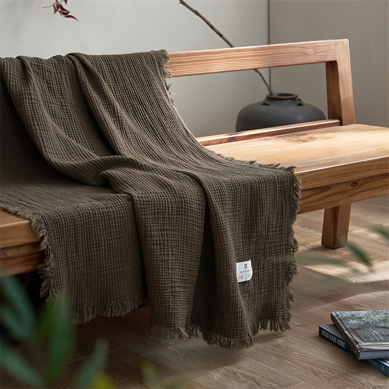 OliveBreeze - Lightweight 4-Layer Cotton Gauze Blanket with Fringe 4