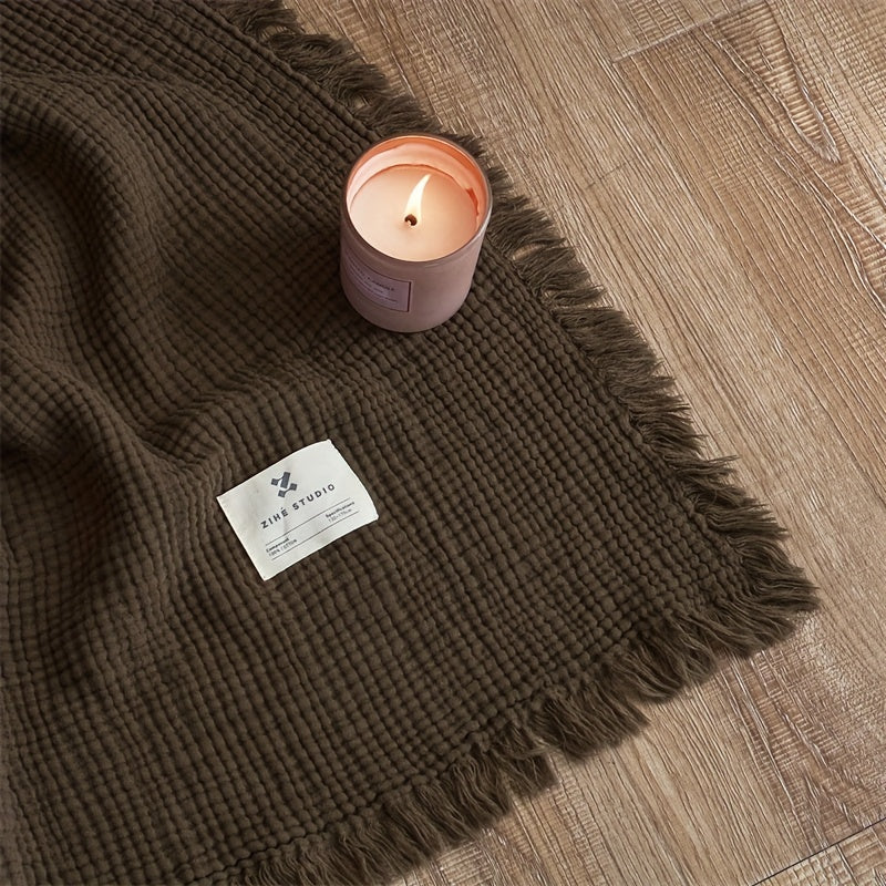 OliveBreeze - Lightweight 4-Layer Cotton Gauze Blanket with Fringe 5