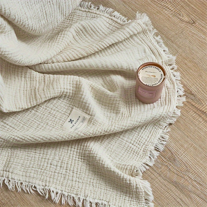 OliveBreeze - Lightweight 4-Layer Cotton Gauze Blanket with Fringe 7