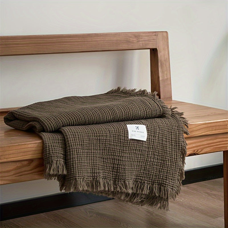 OliveBreeze - Lightweight 4-Layer Cotton Gauze Blanket with Fringe 8