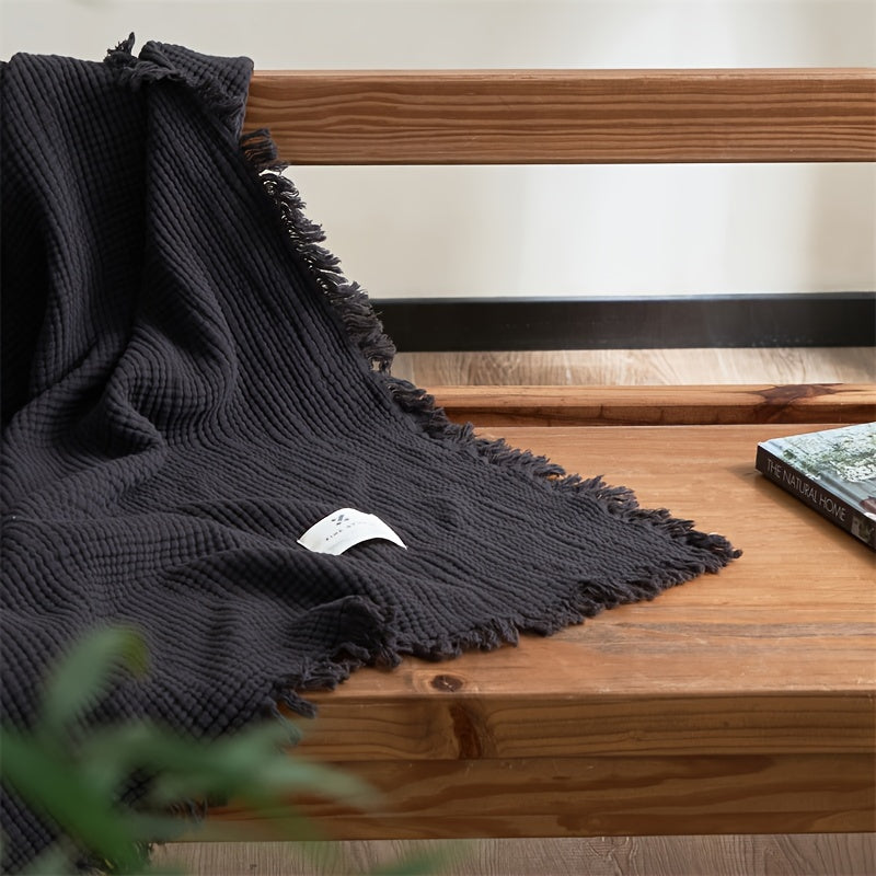 OliveBreeze - Lightweight 4-Layer Cotton Gauze Blanket with Fringe 9