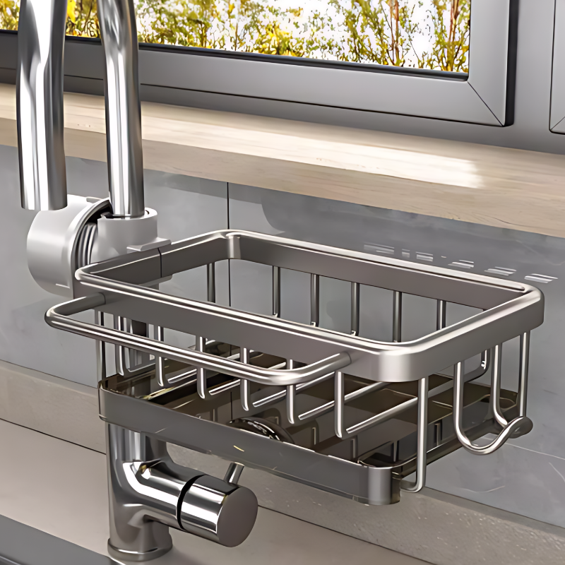 RINSEVERRA – No-Drill Sink Drain Rack with Hook for Convenient Storage