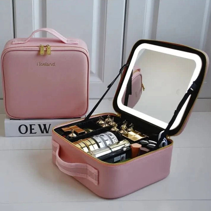 Portable Makeup Bag with LED Mirror & Adjustable Brightness - Travel Cosmetic Bag Organizer 0