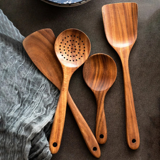 Premium Wood Kitchenware Set with Storage Bucket - Durable Cooking Utensils 1