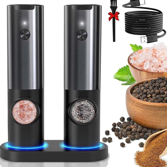 Rechargeable Electric Salt and Pepper Mill Set - One-Handed Operation & Adjustable Grind 0