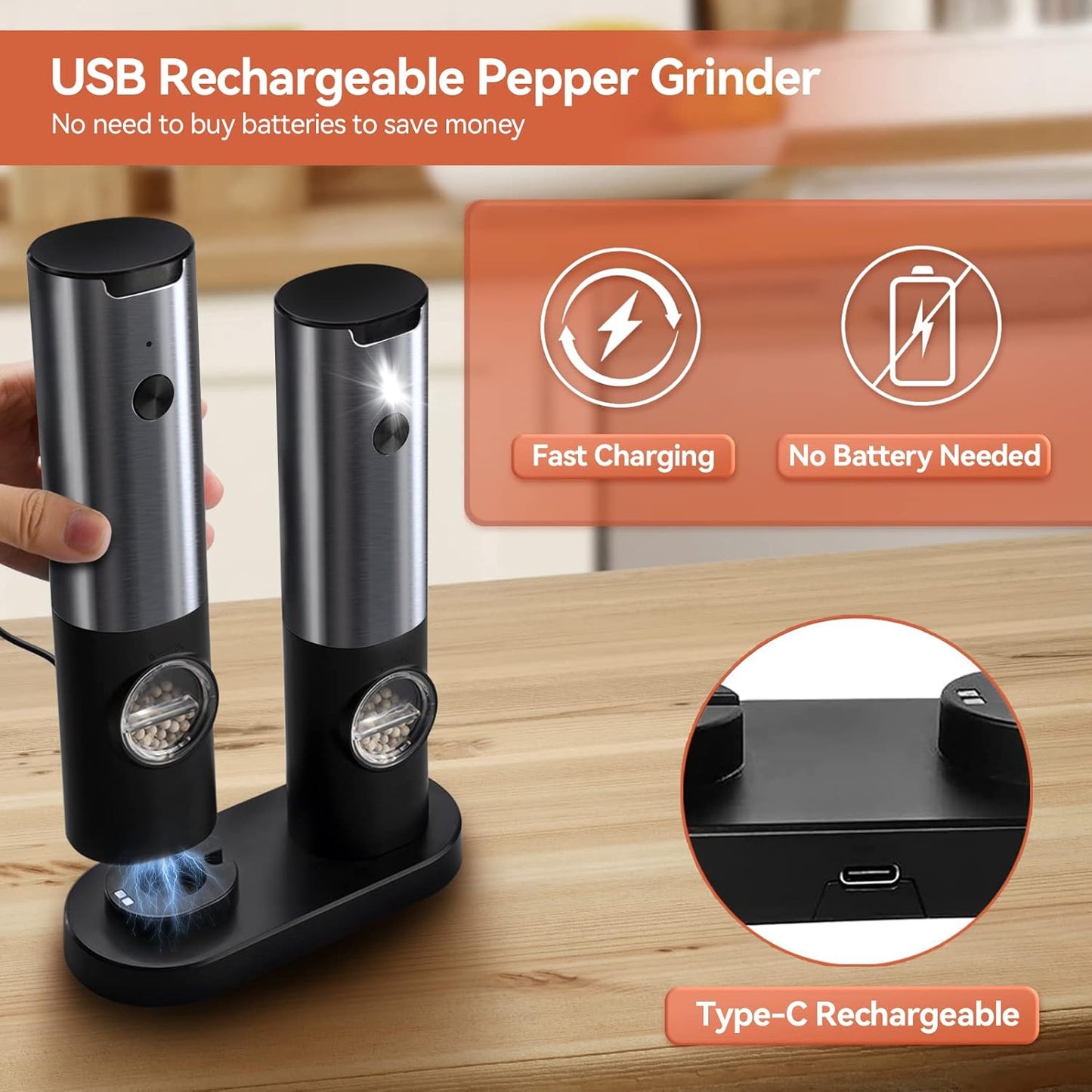 Rechargeable Electric Salt and Pepper Mill Set - One-Handed Operation & Adjustable Grind 2