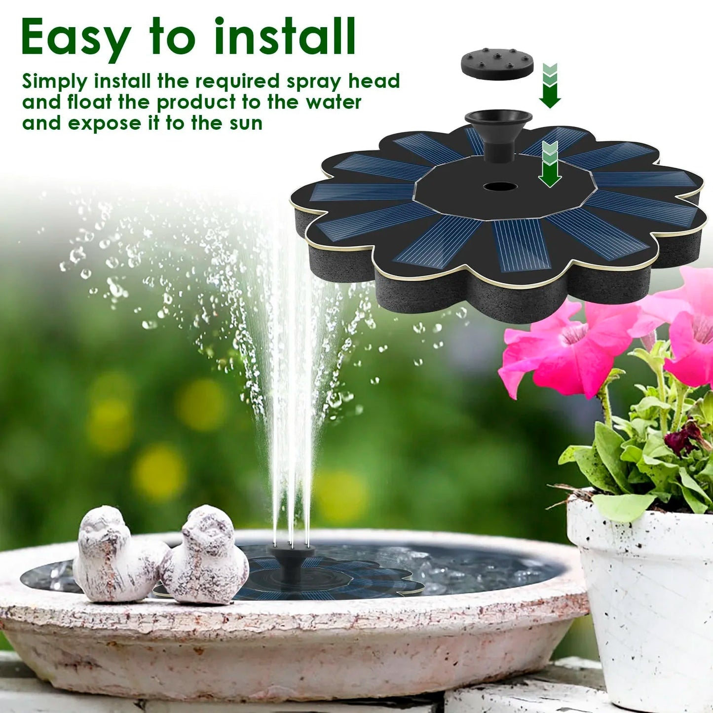 SOLAWELL - Solar Water Fountain with 5 Interchangeable Nozzles for Customizable Effects 3