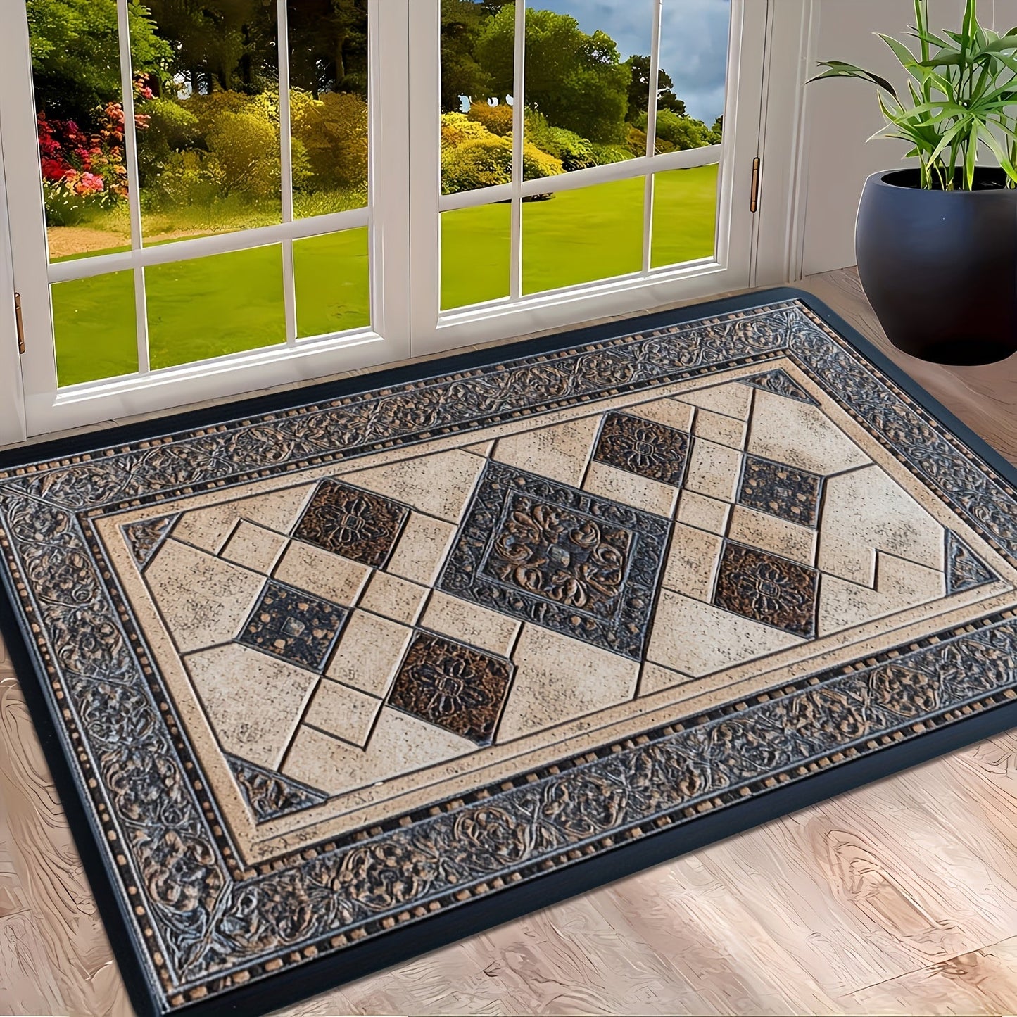 STYLEHAVEN - Machine Washable Geometric Border Entryway Mat for High-Traffic Areas 0