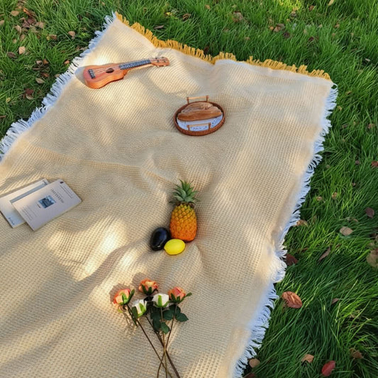 PICNOVA – White Plaid Woven Picnic Mat with Tassel Trim for Outdoor Comfort and Travel Use
