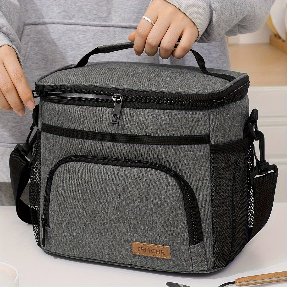 THERMOVIA - Large Insulated Lunch Tote with Adjustable Strap & Zipper Closure 3