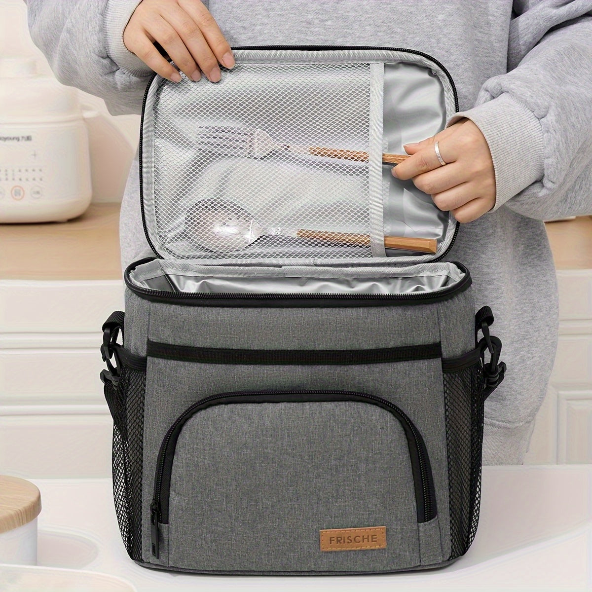 THERMOVIA - Large Insulated Lunch Tote with Adjustable Strap & Zipper Closure 4