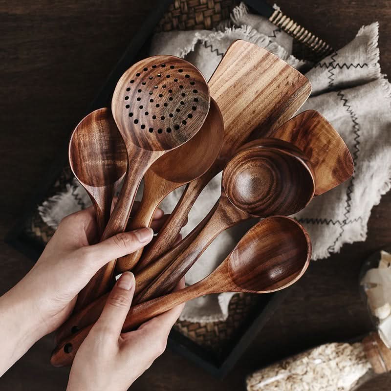 TeakCraft - Premium Teak Wood Kitchen Utensil Set with Spatula & Serving Spoons 0