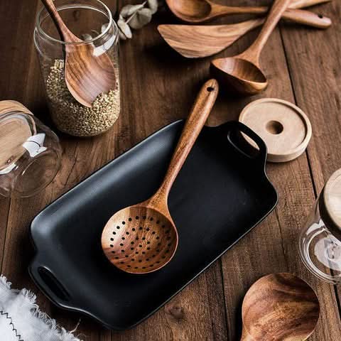 TeakCraft - Premium Teak Wood Kitchen Utensil Set with Spatula & Serving Spoons 4