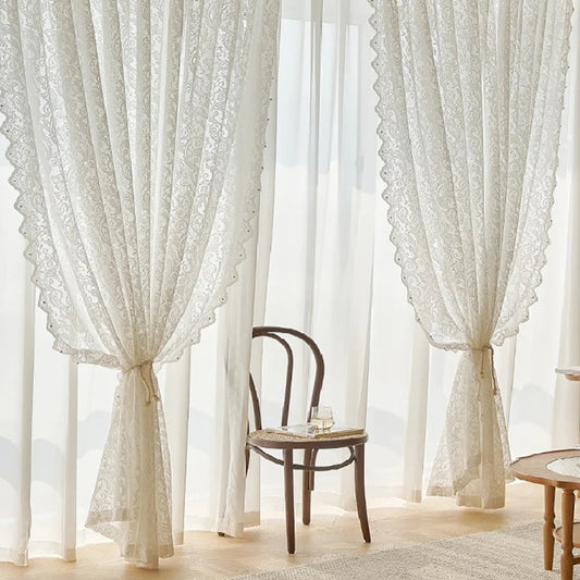 Velorée - Elegant White Lace Curtain Panel with Beaded Phoenix Tail Detail 0