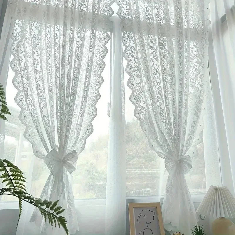 Velorée - Elegant White Lace Curtain Panel with Beaded Phoenix Tail Detail 1
