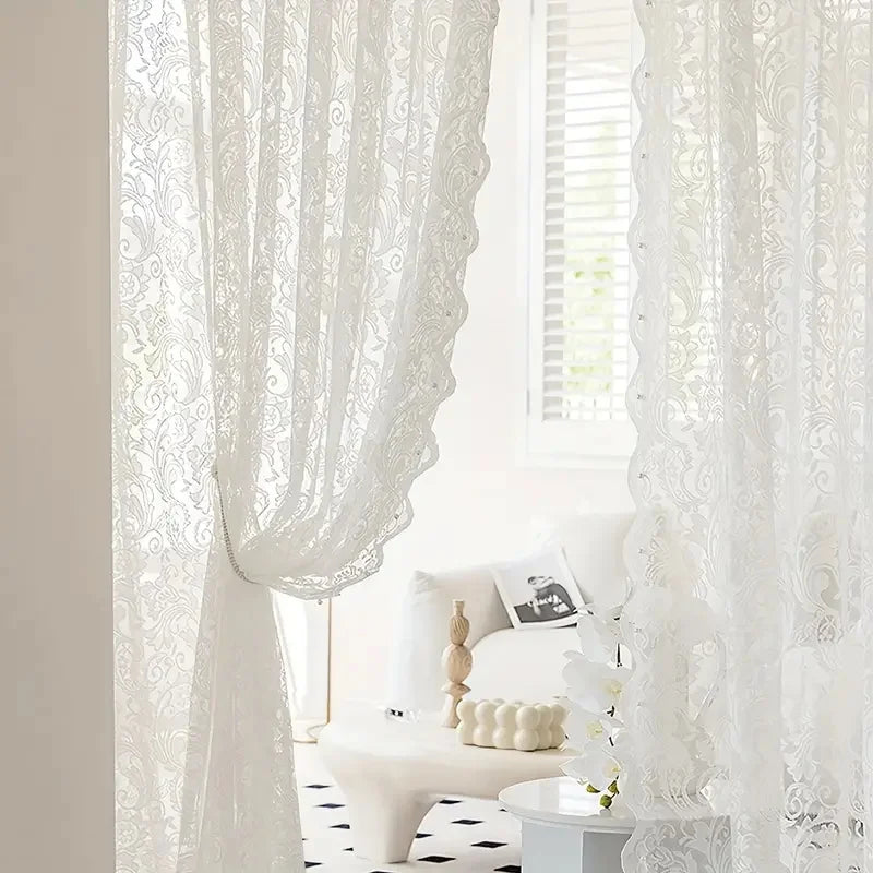 Velorée - Elegant White Lace Curtain Panel with Beaded Phoenix Tail Detail 2
