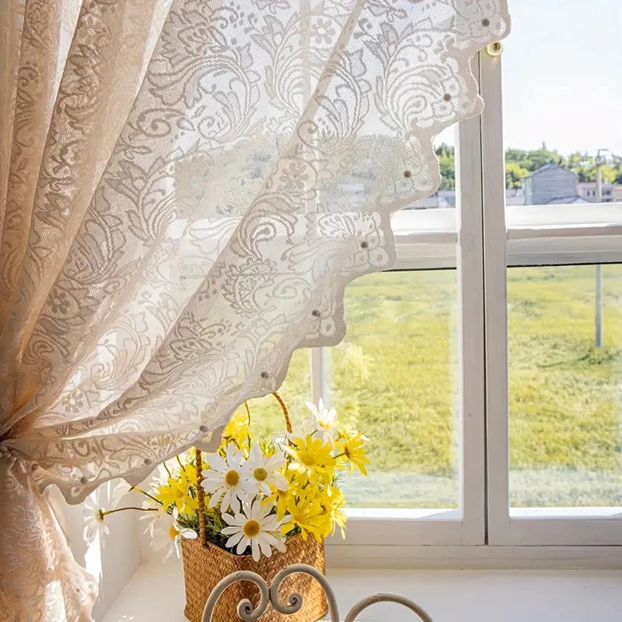 Velorée - Elegant White Lace Curtain Panel with Beaded Phoenix Tail Detail 4