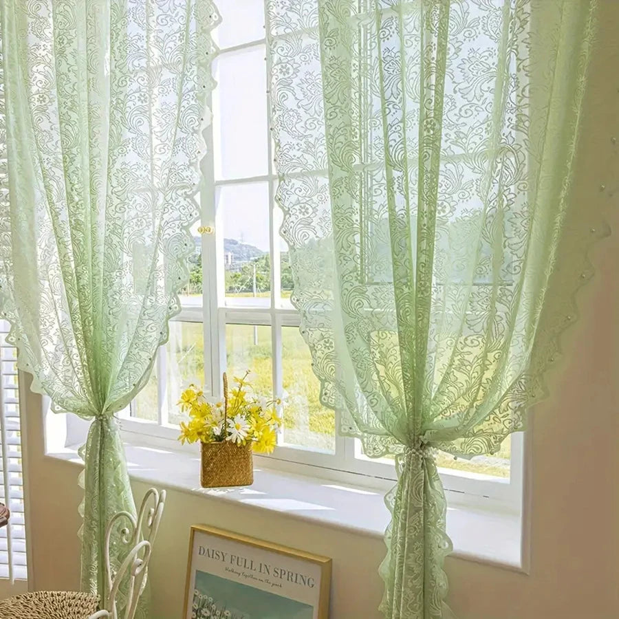 Velorée - Elegant White Lace Curtain Panel with Beaded Phoenix Tail Detail 5