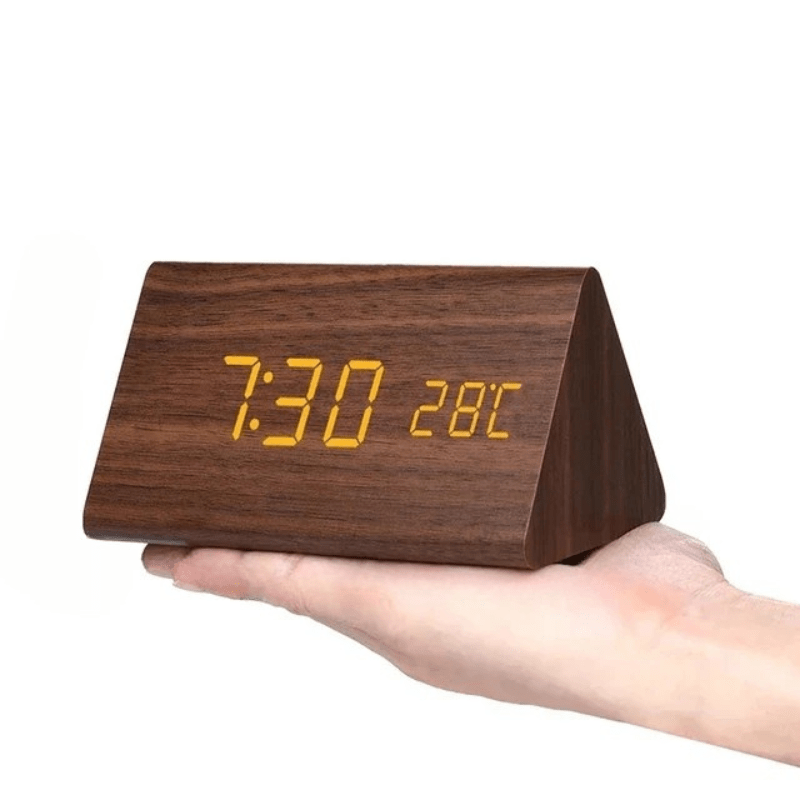 Voice-Controlled LED Alarm Clock with Adjustable Brightness and Wooden Design 0
