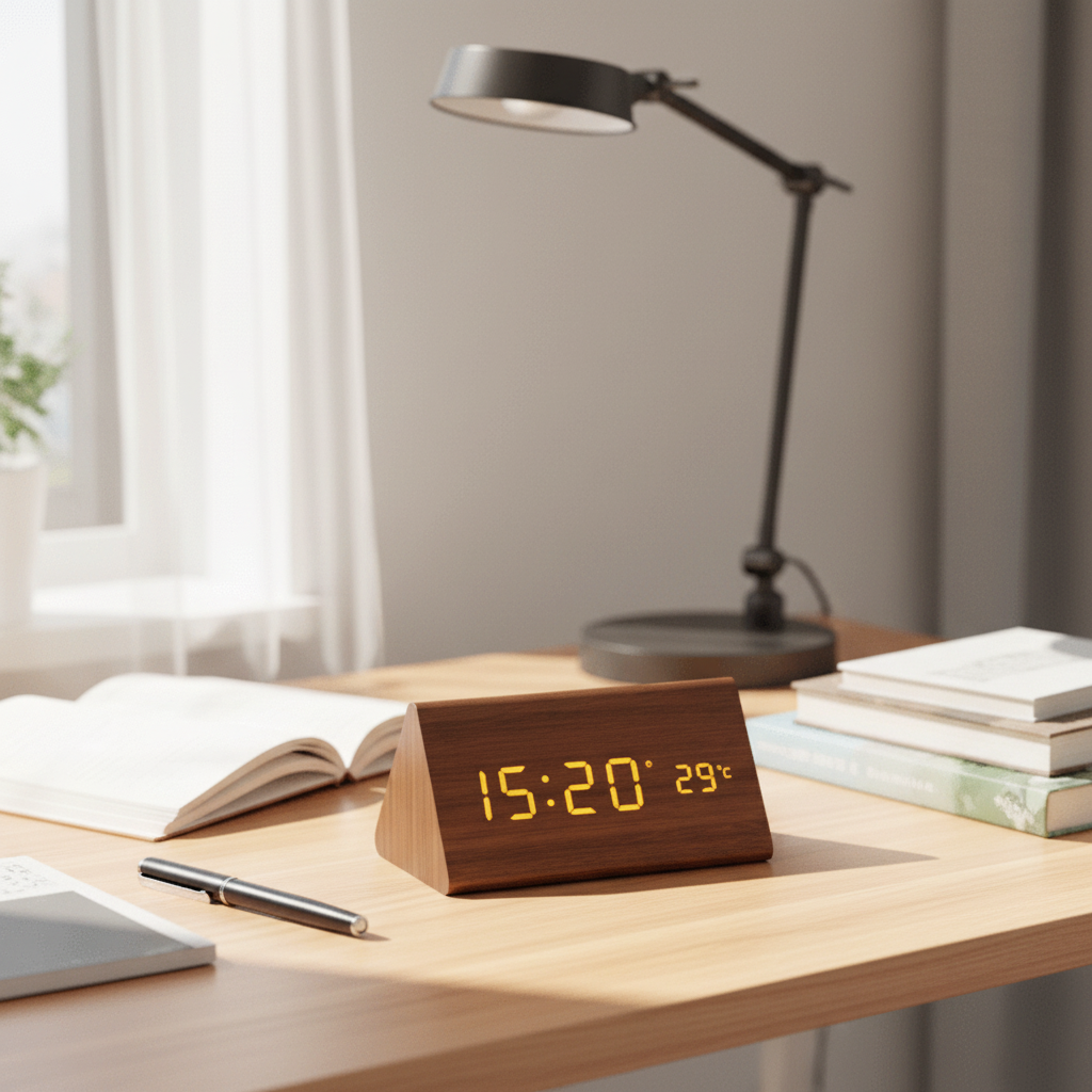 Voice-Controlled LED Alarm Clock with Adjustable Brightness and Wooden Design 2