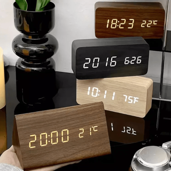 Voice-Controlled LED Alarm Clock with Adjustable Brightness and Wooden Design 4